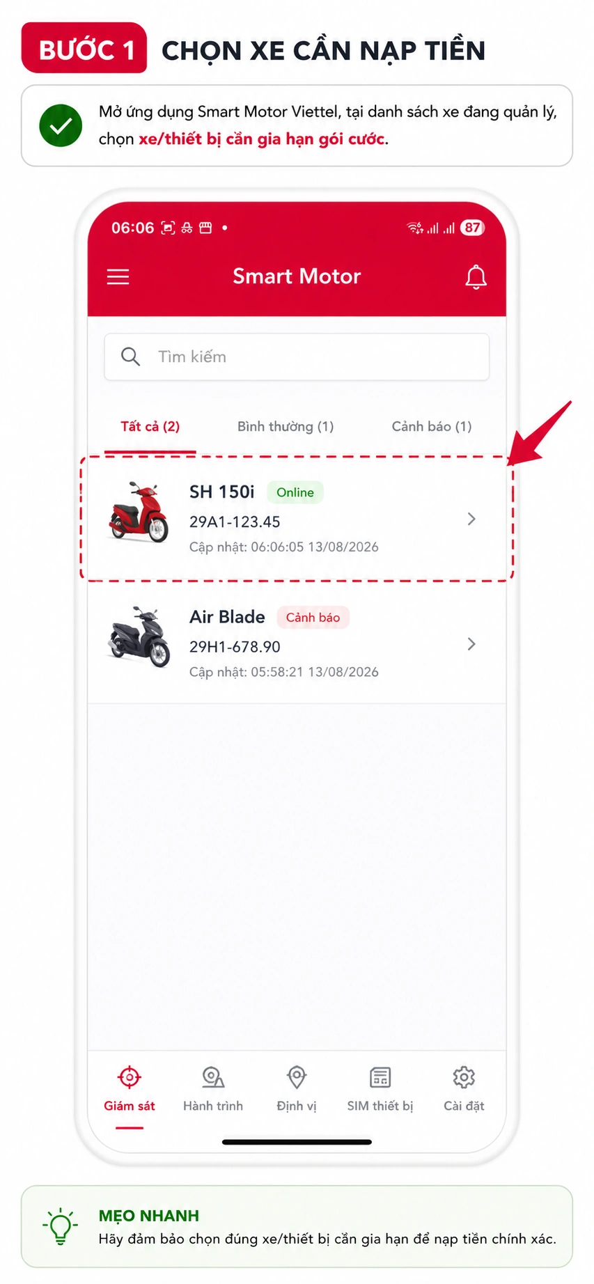Bước 1 chọn xe cần nạp tiền Smart Motor Viettel