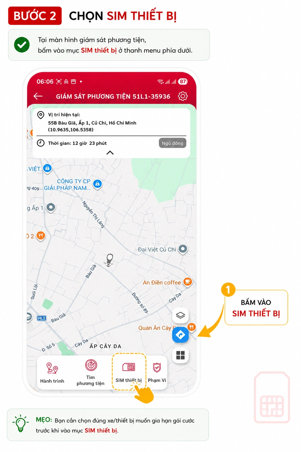 Bước 2 chọn SIM thiết bị trên ứng dụng Smart Motor Viettel