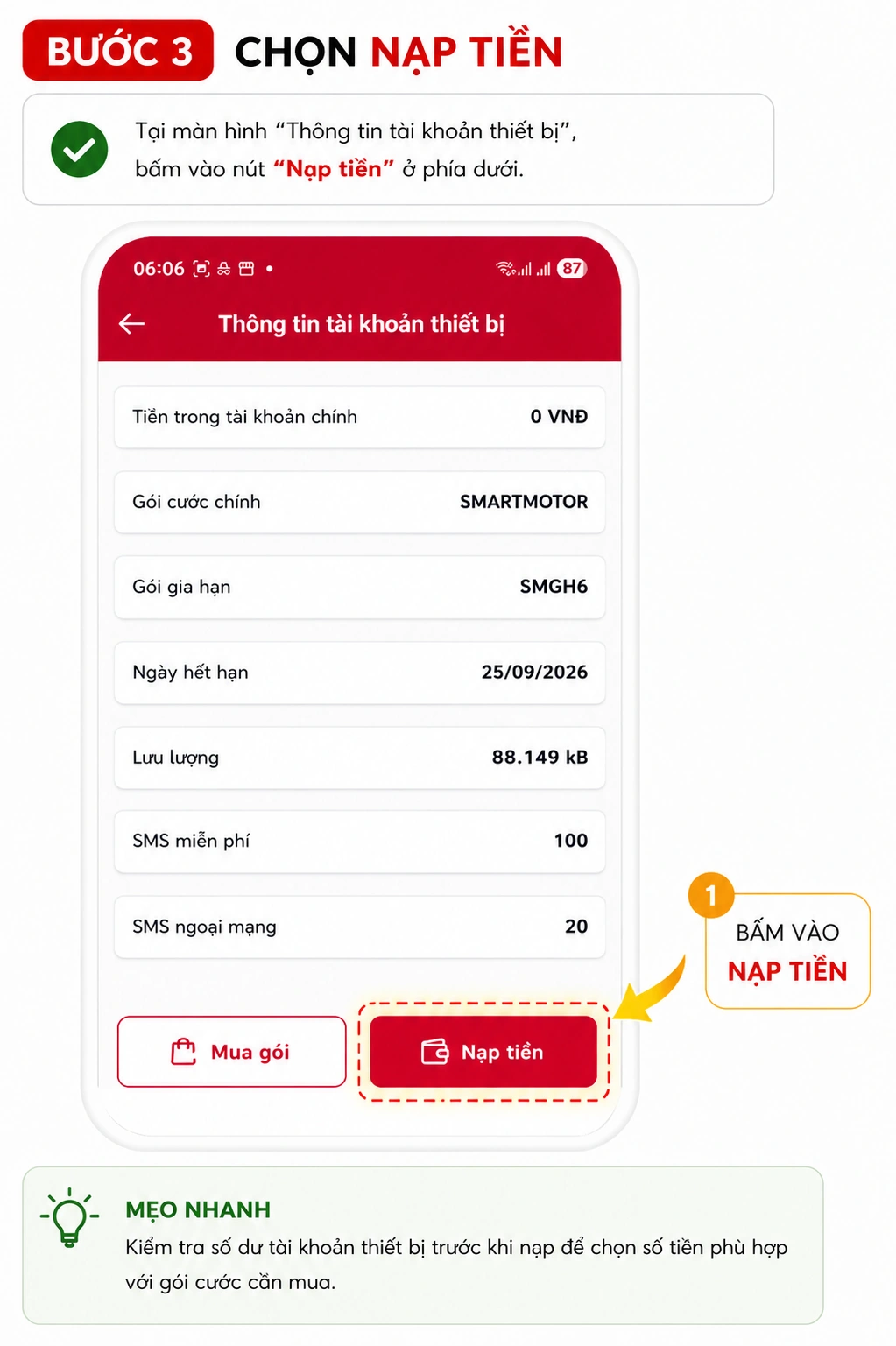 Bước 3 chọn Nạp tiền Smart Motor Viettel