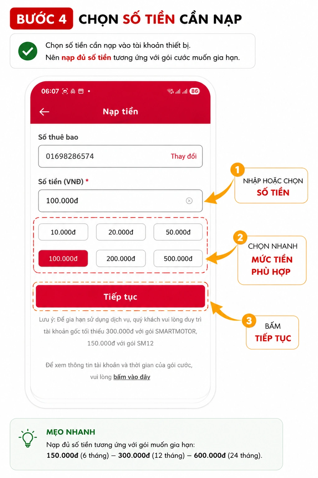 Bước 4 chọn số tiền cần nạp Smart Motor Viettel