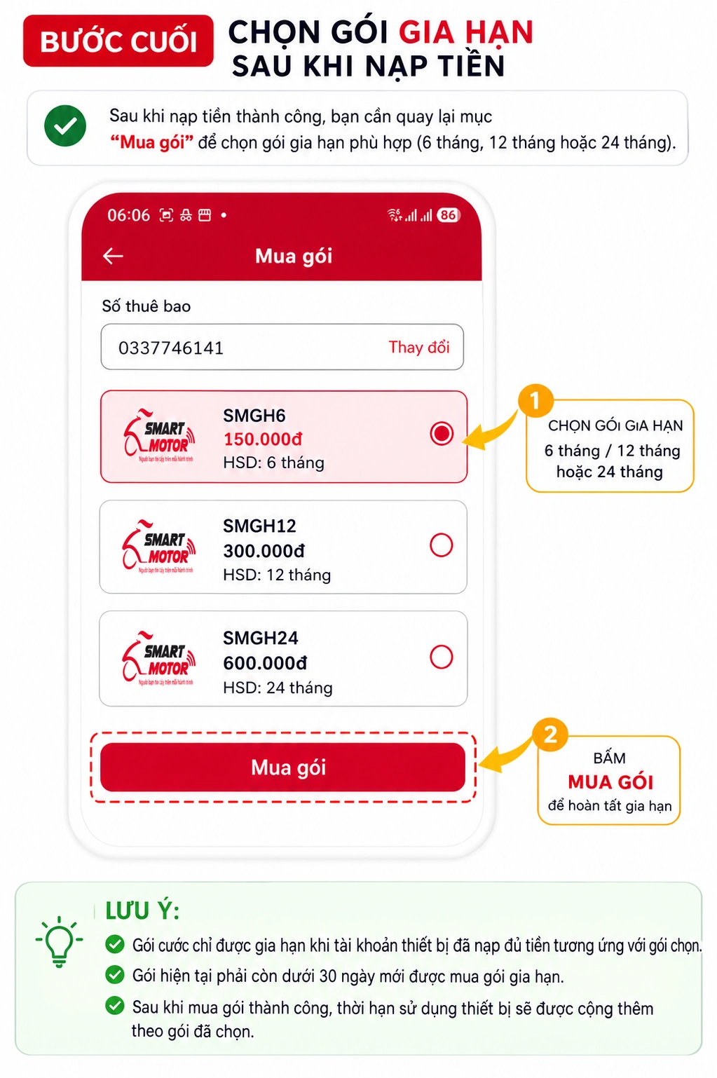 Mua gói gia hạn Smart Motor Viettel sau khi nạp tiền