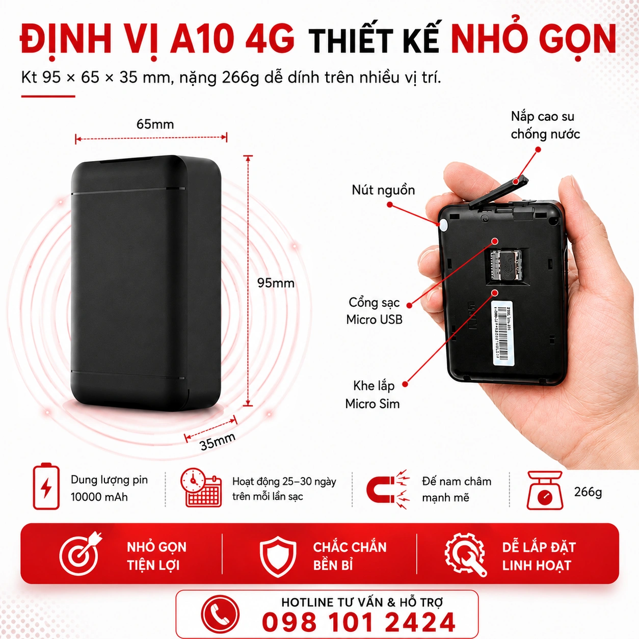 Kích thước định vị A10 4G 95 x 65 x 35 mm trọng lượng 266g