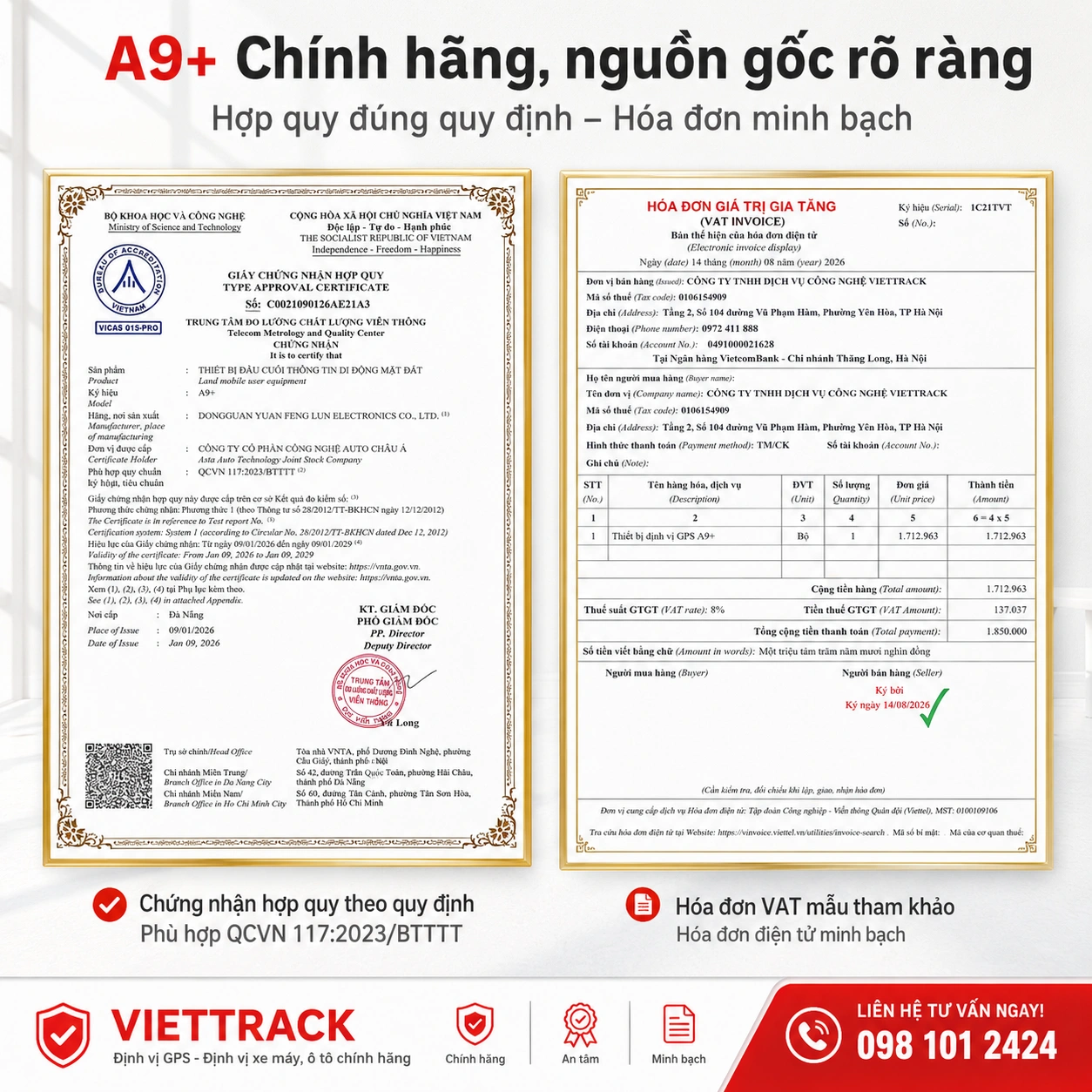 Thiết bị định vị GPS A9+ có chứng từ và giấy chứng nhận hợp quy