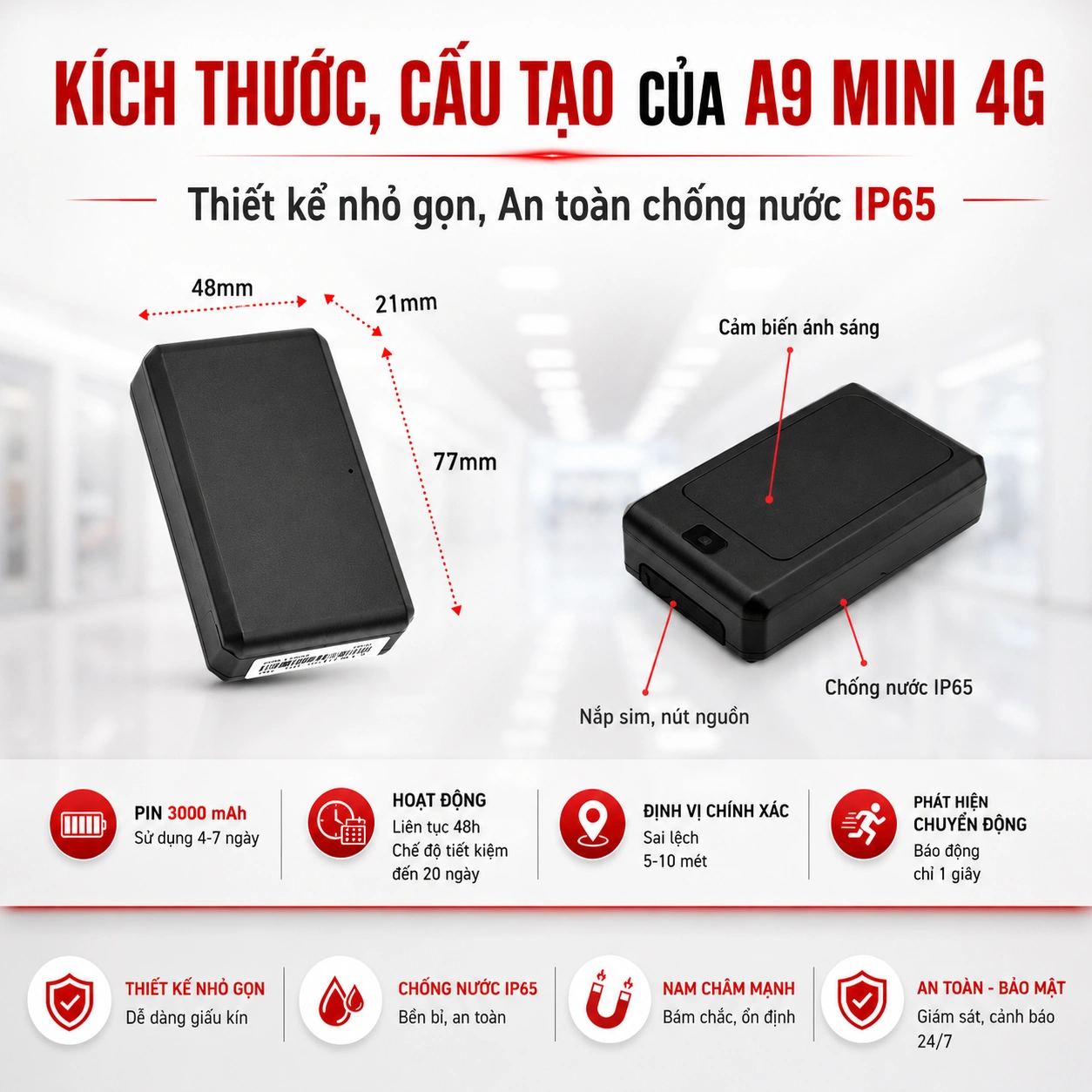 Kích thước cấu tạo định vị A9 Mini 4G pin 3000mAh