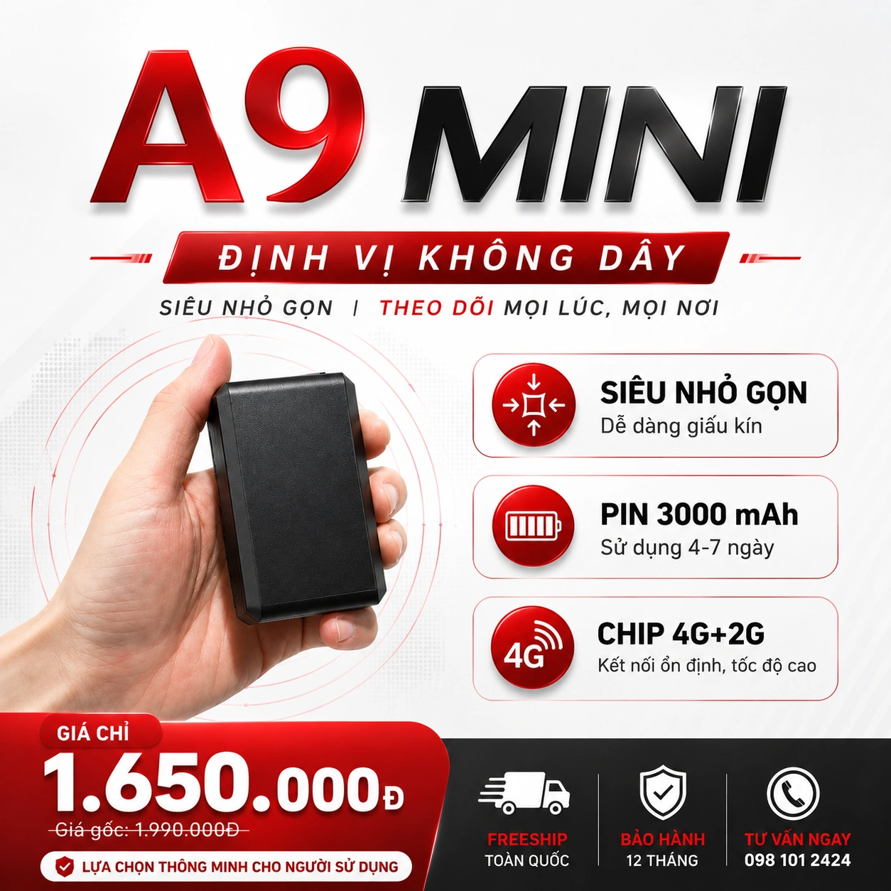 Định vị A9 Mini 4G không dây pin 3000mAh giá 1.650.000đ đã gồm VAT