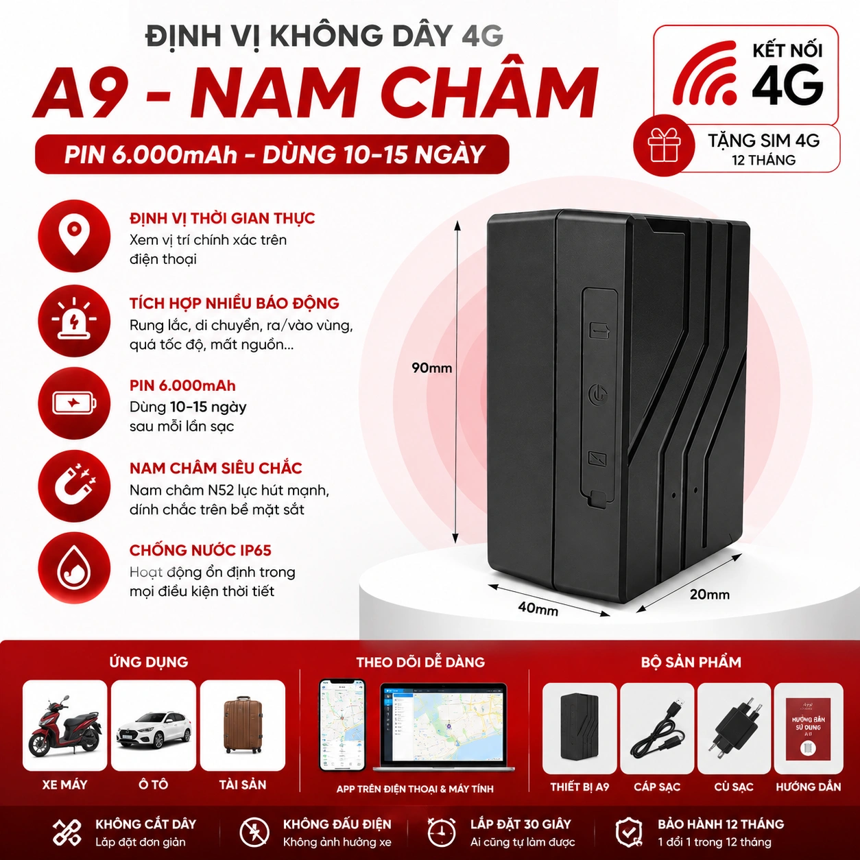 Định vị A9 4G không dây pin 6000mAh Smart Motor Viettel