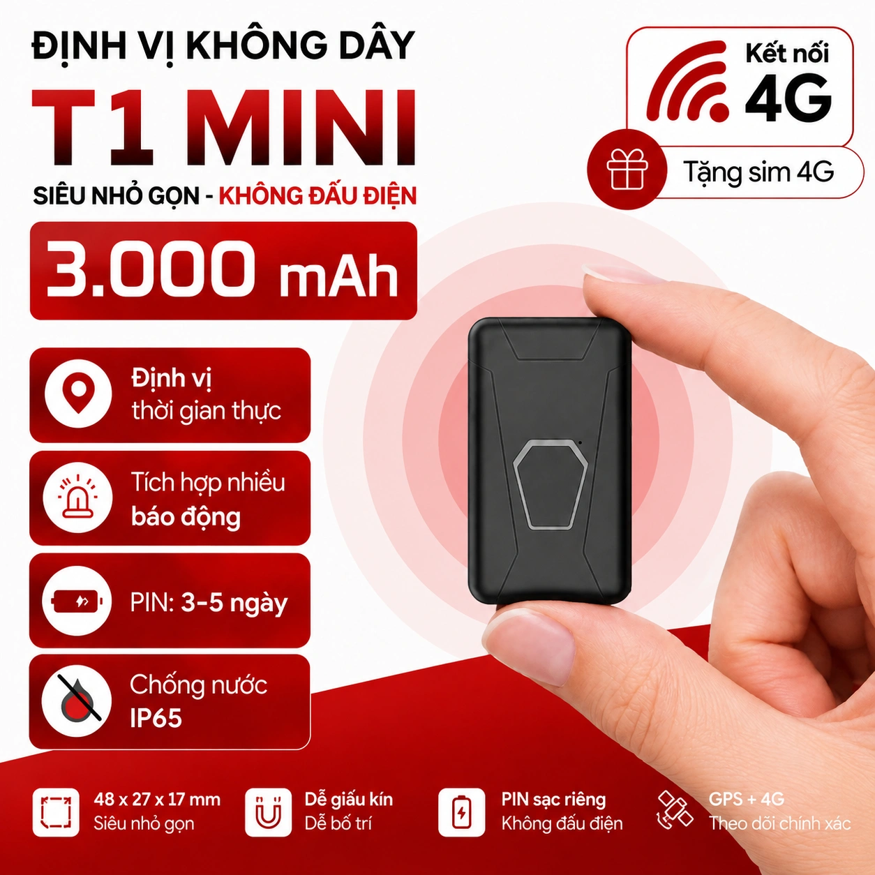 Định vị T1 Mini 4G không dây pin 3000mAh Smart Motor Viettel